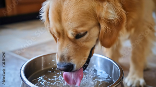 Happy Golden Retriever Puppy Drinking Water from Bowl in Cozy Living Room