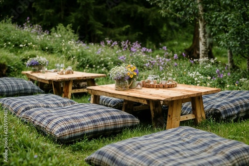 Bohemian seating area.Outdoor dining setup with wooden tables and plaid cushions surrounded by flowers
 photo