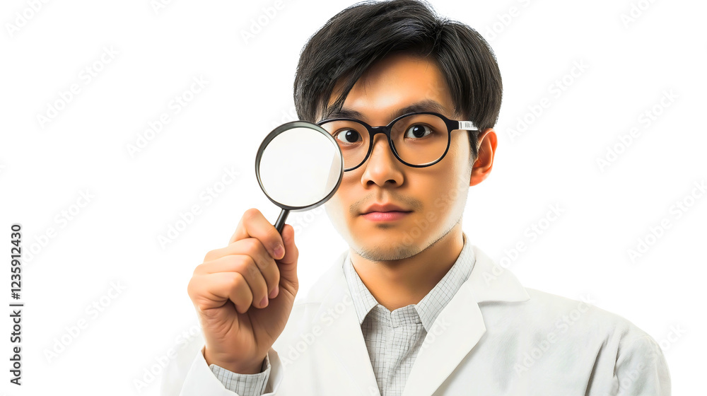 Male Scientist in Lab Coat Using Magnifying Glass for Research Analysis in Modern Laboratory Environment Male Scientist in Lab Coat Using Magnifying Glass for Research Analysis in Modern Laboratory Environment