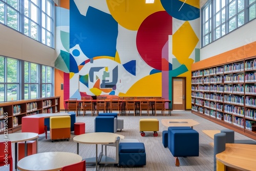 Wallpaper Mural Vibrant library with colorful mural, bookshelves, and playful seating. Torontodigital.ca