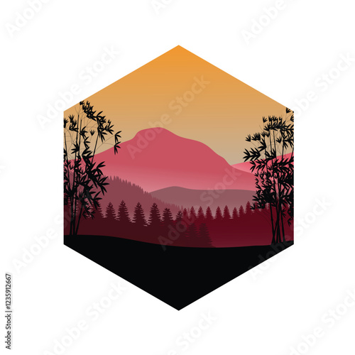 Illustration template design, with natural views of trees, moon, mountains and bamboo