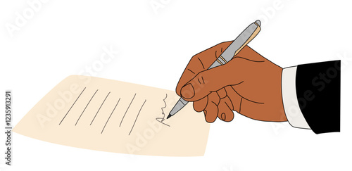 Hand signing business document. Signature on paper contract, legal agreement. Commercial deal conclusion, paperwork, verification concept. Flat vector illustration isolated on transparent background