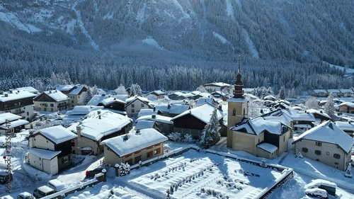 alpine village of Chamonix in winter, frosty snowy landscape in the French Alps, idyllic winter wonderland, winter holidays in Chamonix