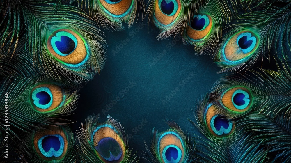 Obraz premium Decorative peacock feather frame with glowing turquoise green in the center, ideal for elegant designs.