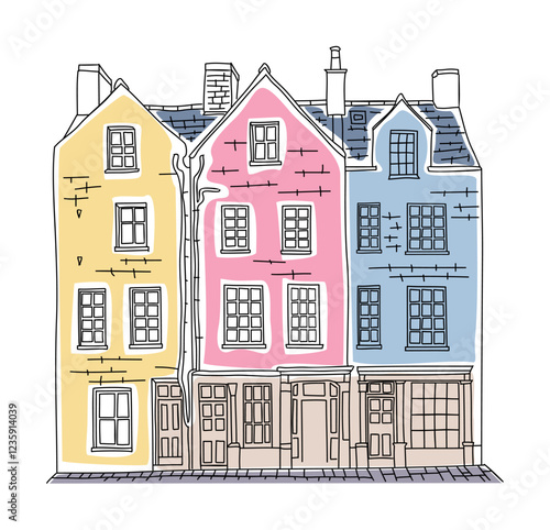 Old city street large building with a lot of windows and a chimney. House sketch style colored hand drawn vector illustration isolated on transparent background