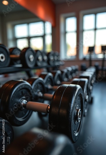 Gym interior background of dumbbells on rack in fitness and workout room