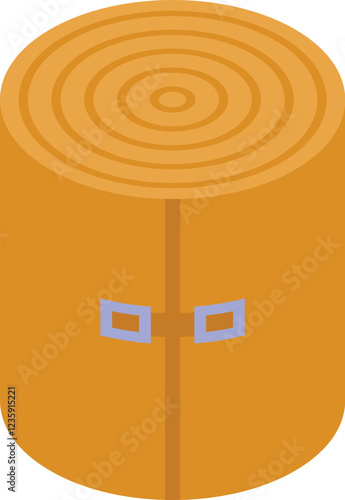 Golden round bale of hay secured with straps, depicted in an isometric view, ideal for agricultural or farming related projects