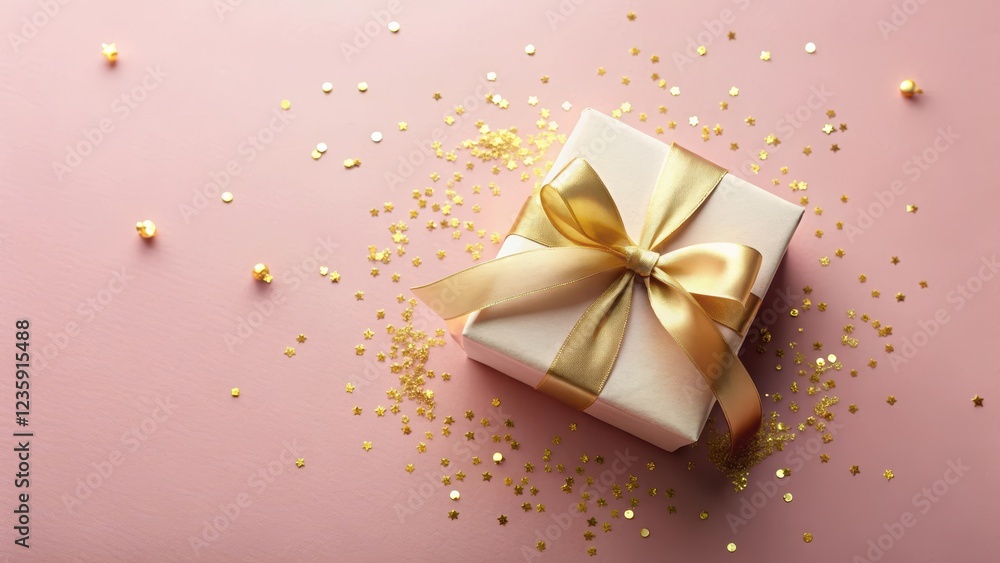 Elegant gift box with gold ribbon and confetti on a soft, pastel pink background, holiday gifts Elegant gift box with gold ribbon and confetti on a soft, pastel pink background, holiday gifts