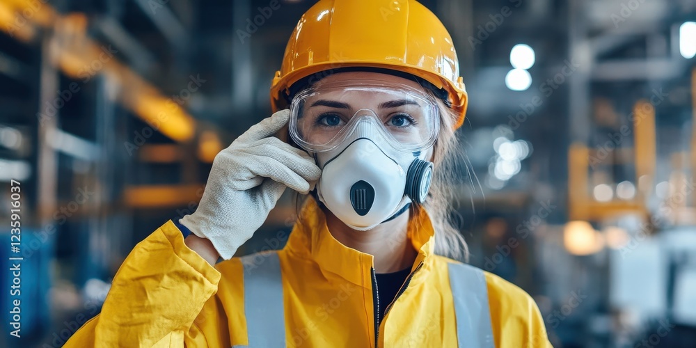 A factory worker adjusting a dust mask, preparing to work in an area with airborne particles, occupational health protection in an industrial setting A factory worker adjusting a dust mask, preparing to work in an area with airborne particles, occupational health protection in an industrial setting