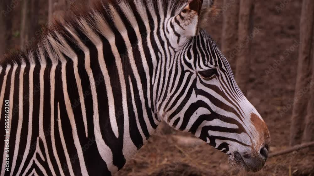 Detailed side profile of a zebra's head highlighting its striking black and white stripes, captured in a natural setting Detailed side profile of a zebra's head highlighting its striking black and white stripes, captured in a natural setting
