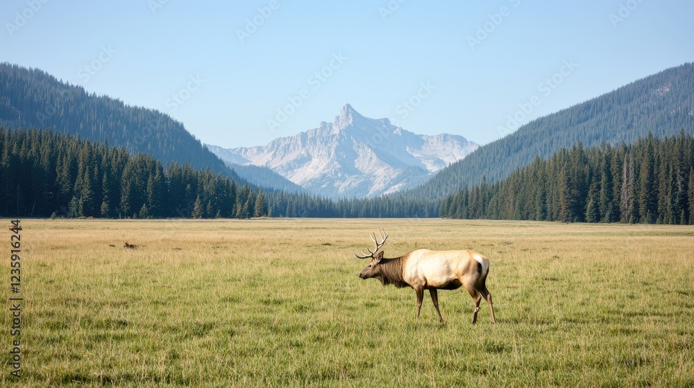Fototapeta premium Elk grazing in mountain meadow pasture