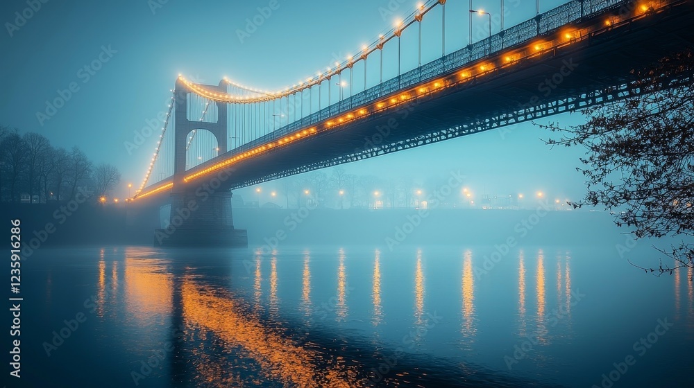 Obraz premium Serene night view of a beautifully illuminated suspension bridge reflecting on a misty river in soft ambient light