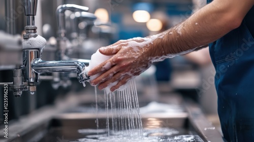 A factory worker demonstrating proper handwashing techniques at a sanitation station, workplace hygiene and occupational health, ensuring safe working conditions