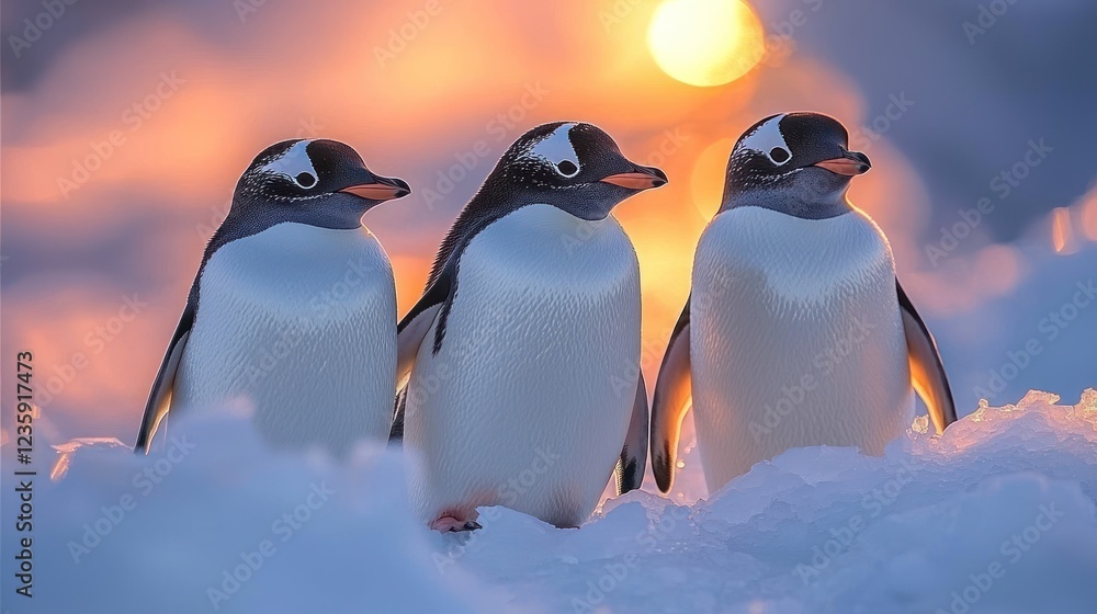 Obraz premium Three Gentoo Penguins at Sunset on Ice