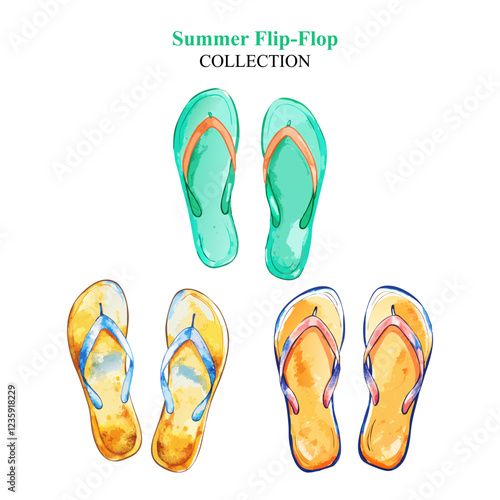 Set Of Watercolour Summer FlipFlop Vector Illustration 