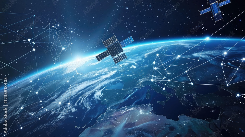 Satellites Orbiting Earth with Global Network Connections Satellites Orbiting Earth with Global Network Connections