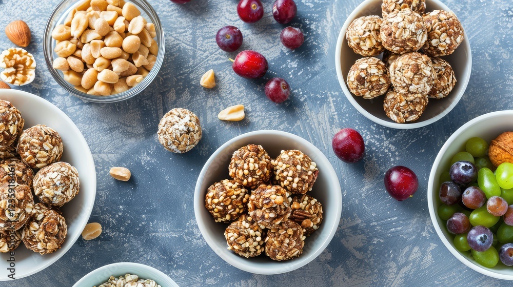 Assorted Healthy Snack Bowls with Nuts, Fruits, and Energy Bites Assorted Healthy Snack Bowls with Nuts, Fruits, and Energy Bites