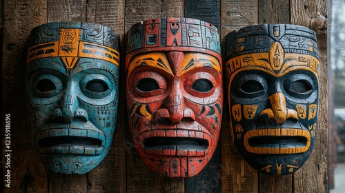 A close-up view of three intricately carved wooden masks showcasing vibrant colors and detailed designs against a rustic wooden backdrop