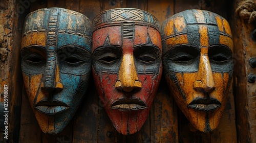 Intricately carved African masks in vibrant colors showcasing cultural artistry and craftsmanship