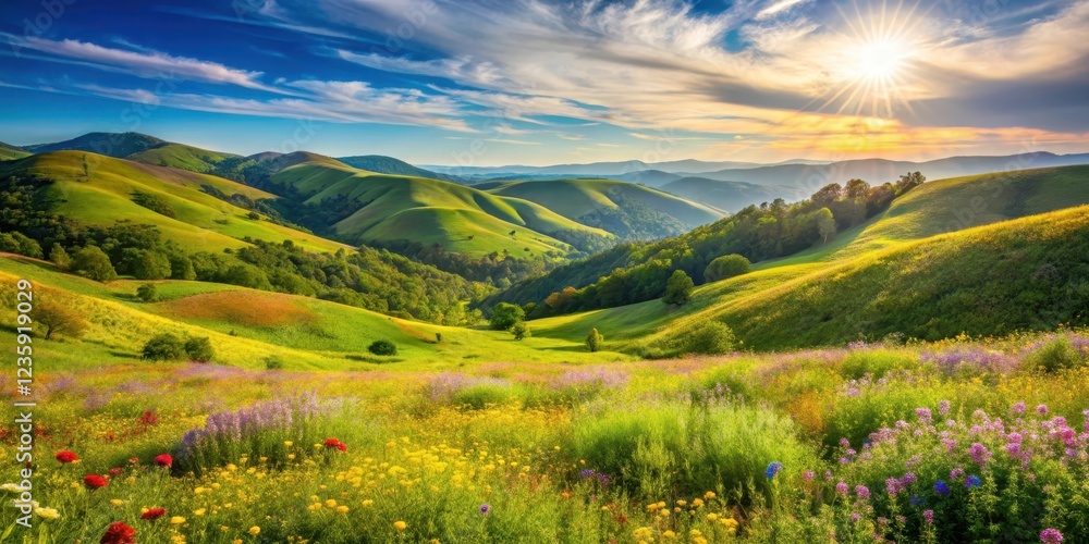 Obraz premium Rolling hills covered in dense foliage and wildflowers under a bright sunny day