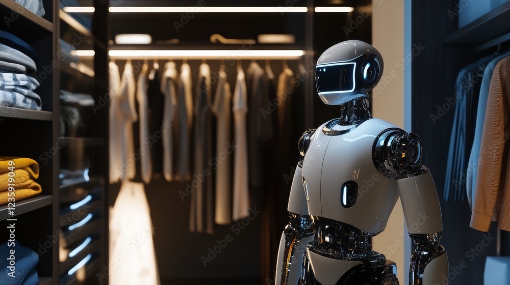 Humanoid robot personal stylist offering fashion advice in a walk-in closet, wardrobe-focused environment with distant view of clothing racks and fashion accessories, Fashion Consultant style Humanoid robot personal stylist offering fashion advice in a walk-in closet, wardrobe-focused environment with distant view of clothing racks and fashion accessories, Fashion Consultant style