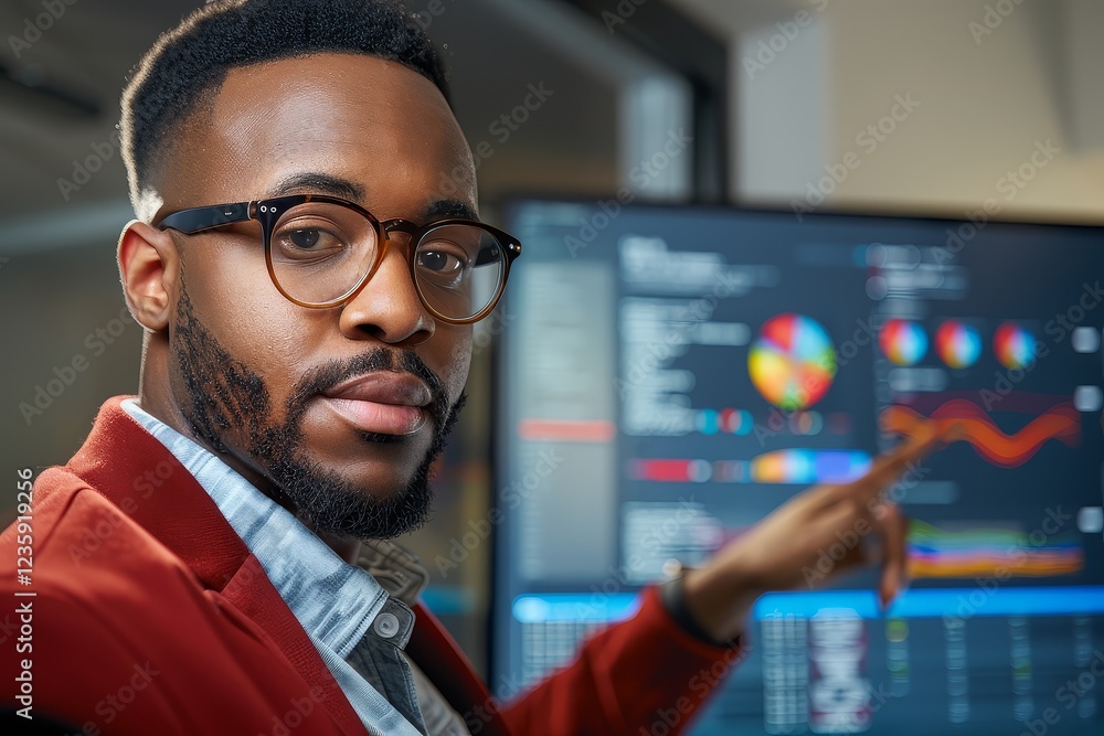 A man in a red jacket points at a computer monitor displaying a graph A man in a red jacket points at a computer monitor displaying a graph