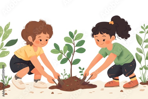 Children Planting a Tree in a Cute Illustration