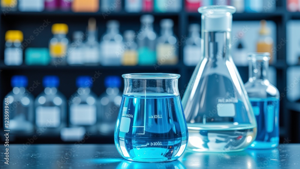 Laboratory Glassware with Blue Liquid Erlenmeyer Flask Beaker Science Experiment Laboratory Glassware with Blue Liquid Erlenmeyer Flask Beaker Science Experiment