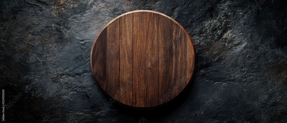 Dark Wood Round Sign on Rustic Stone Background Dark Wood Round Sign on Rustic Stone Background