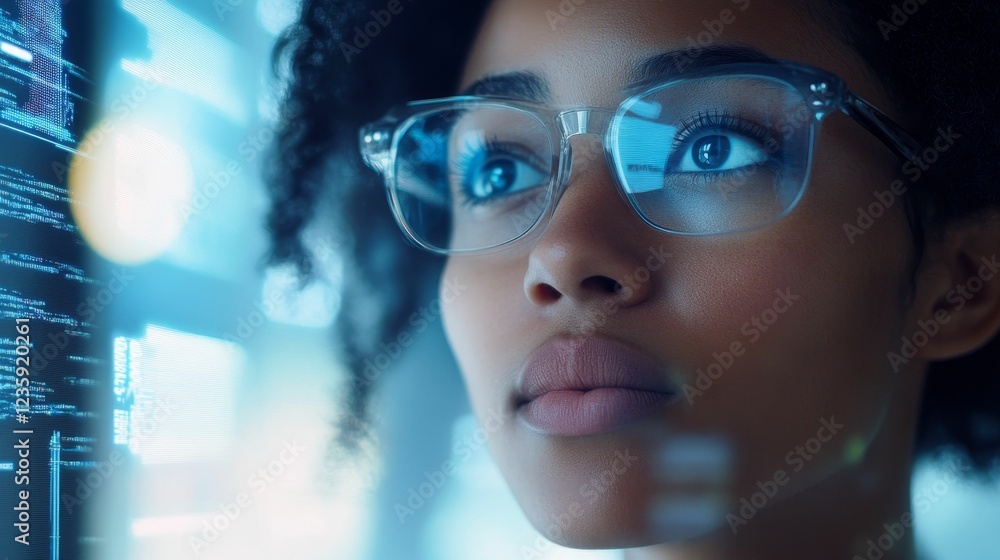 Woman thoughtfully reviewing digital code. Woman thoughtfully reviewing digital code.