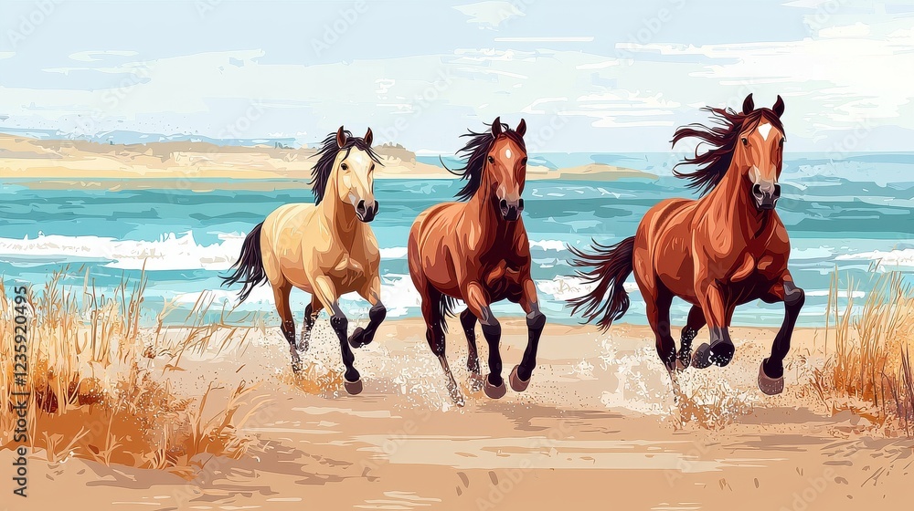 Wild horses running along ocean beach, breathtaking freedom, Wild horses running along ocean beach, breathtaking freedom,