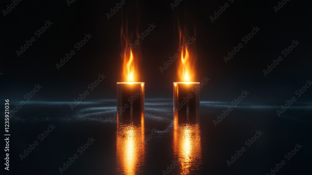 Fototapeta premium Burning Candles on Dark Water Surface Abstract Image