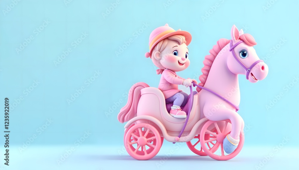 Naklejka premium Cute Child Riding Pink Pony Carriage 3d Render