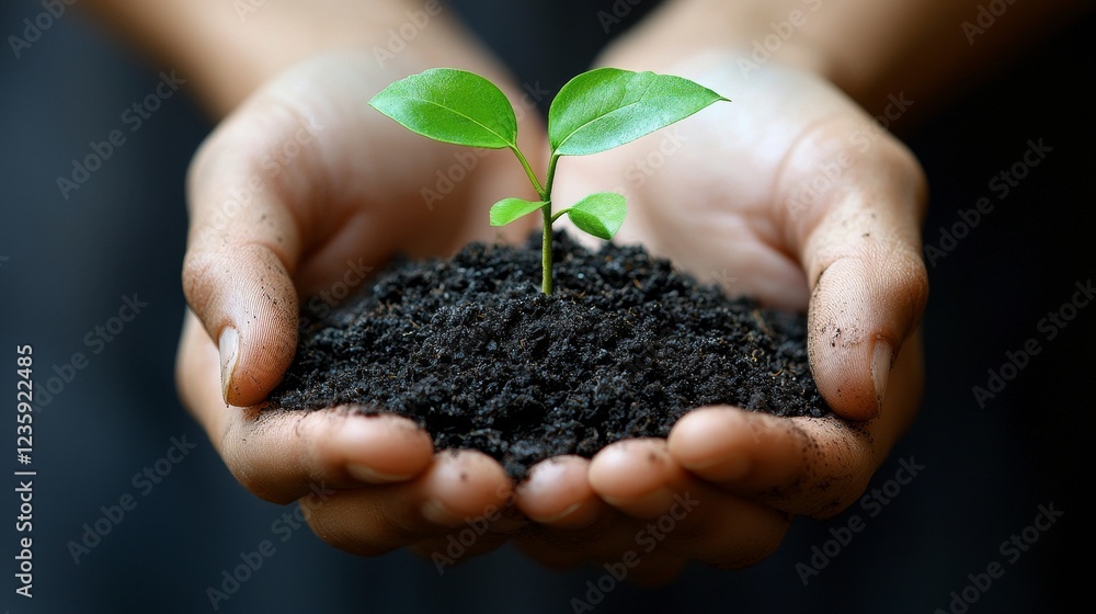Nurturing a small green plant in two hands, symbolizing growth, care, and sustainability in a natural setting Nurturing a small green plant in two hands, symbolizing growth, care, and sustainability in a natural setting