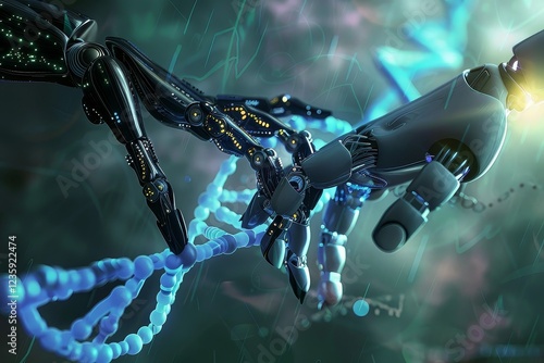 Two robotic hands extend toward each other, poised to connect amidst a digital backdrop representing DNA strands and advanced technology, evoking themes of innovation and synergy photo