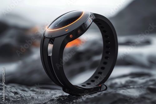 A modern smartwatch rests on rugged rocks, showcasing its sleek black design and orange accents. The cloudy afternoon sky adds depth to the scene, emphasizing technology meeting nature