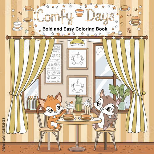 cute coloring book cover, cover, cute kids illustration, cartoon cover, cartoon illustration, kawaii coloring, easy and bold, kawaii cover, cozy, cozy cover, fuzzy, hygge, coloring pages, adult colori