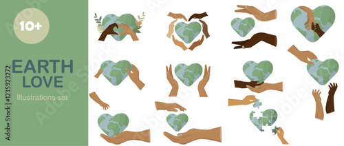 Earth Love Heart-Shaped Globe Diversity Hand Illustrations Set. diverse hands interacting with heart-shaped Earth globes, representing unity and environmental care. Vector illustration set. 