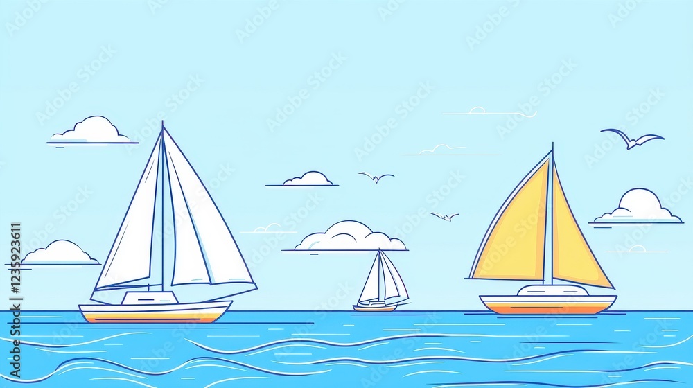 Naklejka premium Boats sailing on summer ocean, peaceful coastal scene,
