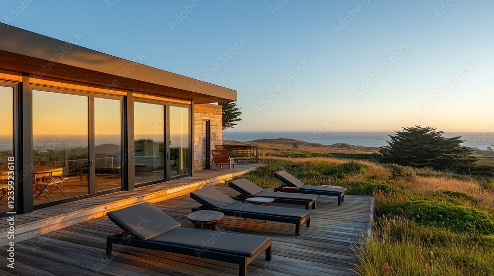 Coastal sunset luxury deck chairs ocean view Coastal sunset luxury deck chairs ocean view