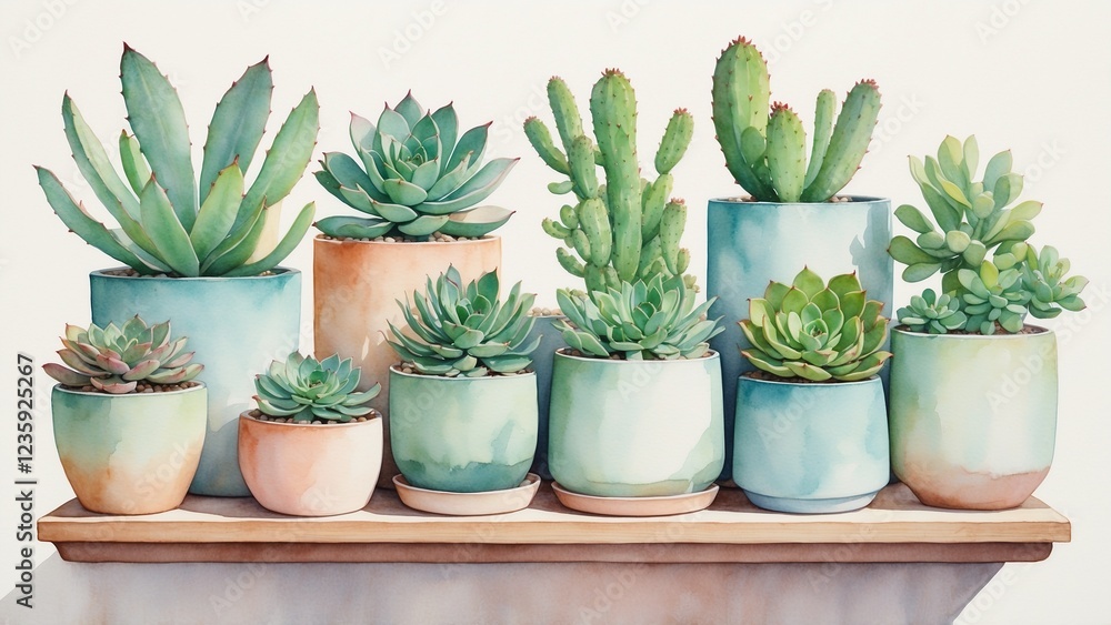 Obraz premium Watercolor Succulents and Cacti in Decorative Ceramic Pots