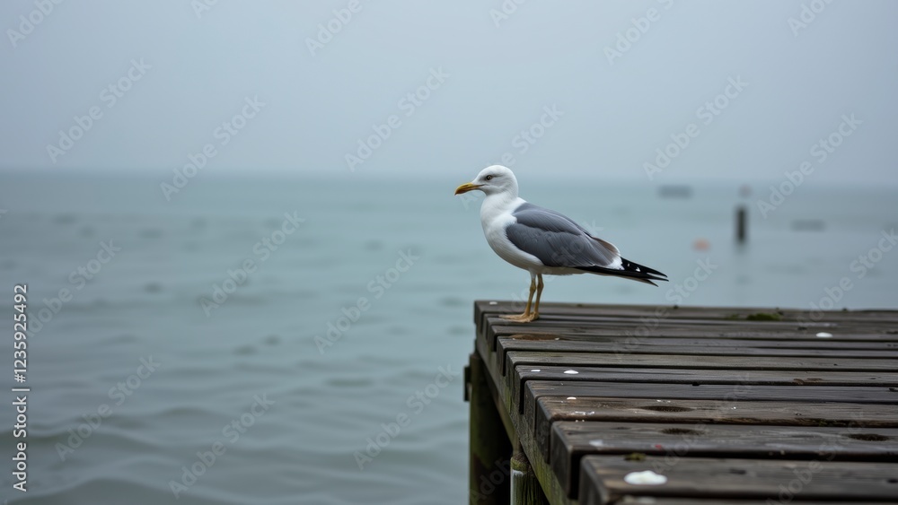 Solitary Seagull Perched on Wooden Dock Cloudy Seascape Solitary Seagull Perched on Wooden Dock Cloudy Seascape