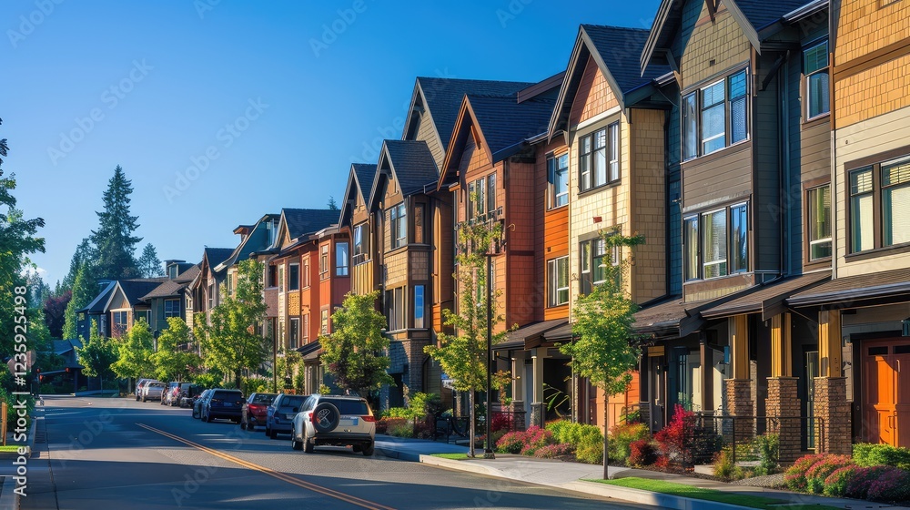 Fototapeta premium Vibrant Suburban Living: Modern Homes Along a Tree-Lined Street