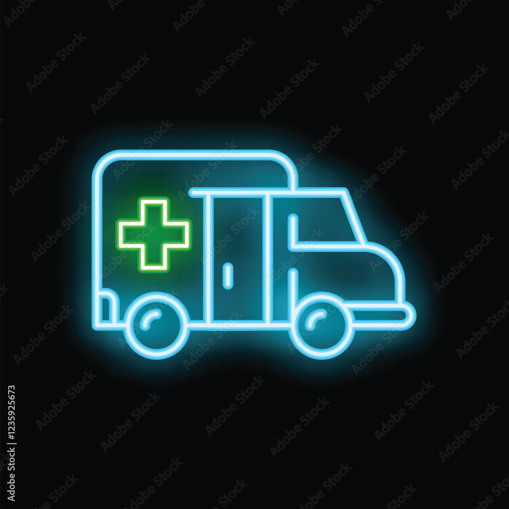 Bright blue neon ambulance with green cross glowing on black background Bright blue neon ambulance with green cross glowing on black background