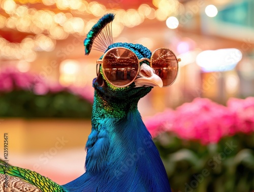 Peacock posing in sunglasses at luxury boutique urban environment fashionable lifestyle shot