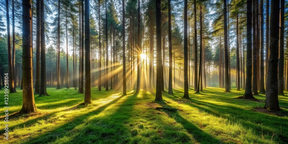 Obraz premium Golden rays of sunlight pierce through the dense canopy of a verdant forest, illuminating the forest floor with a warm glow.