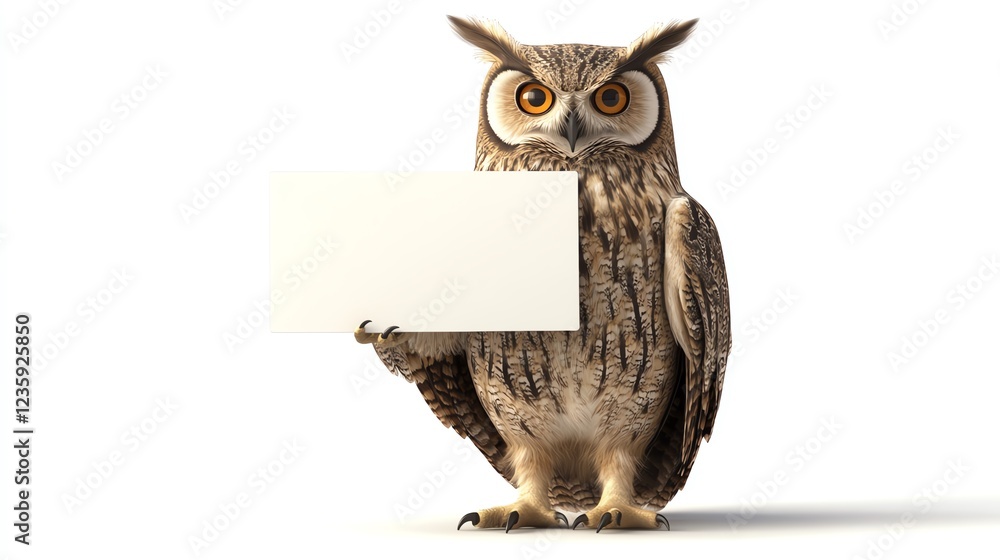 Obraz premium A wise owl holding a blank sign with its talons, deep golden eyes, intricate feather details, hyperrealistic, isolated on white background