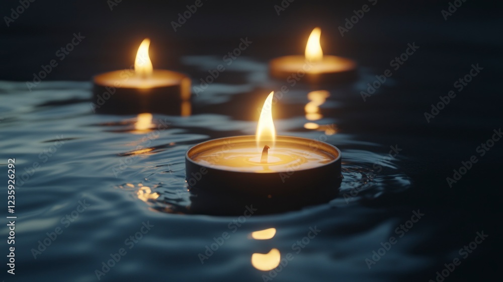 Floating Candles Water Reflection Peaceful Night Scene Floating Candles Water Reflection Peaceful Night Scene