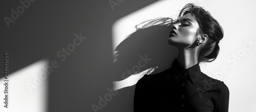Elegant Black and White Portrait of a Woman in Dramatic Lighting with Shadows and Stylish Fashion