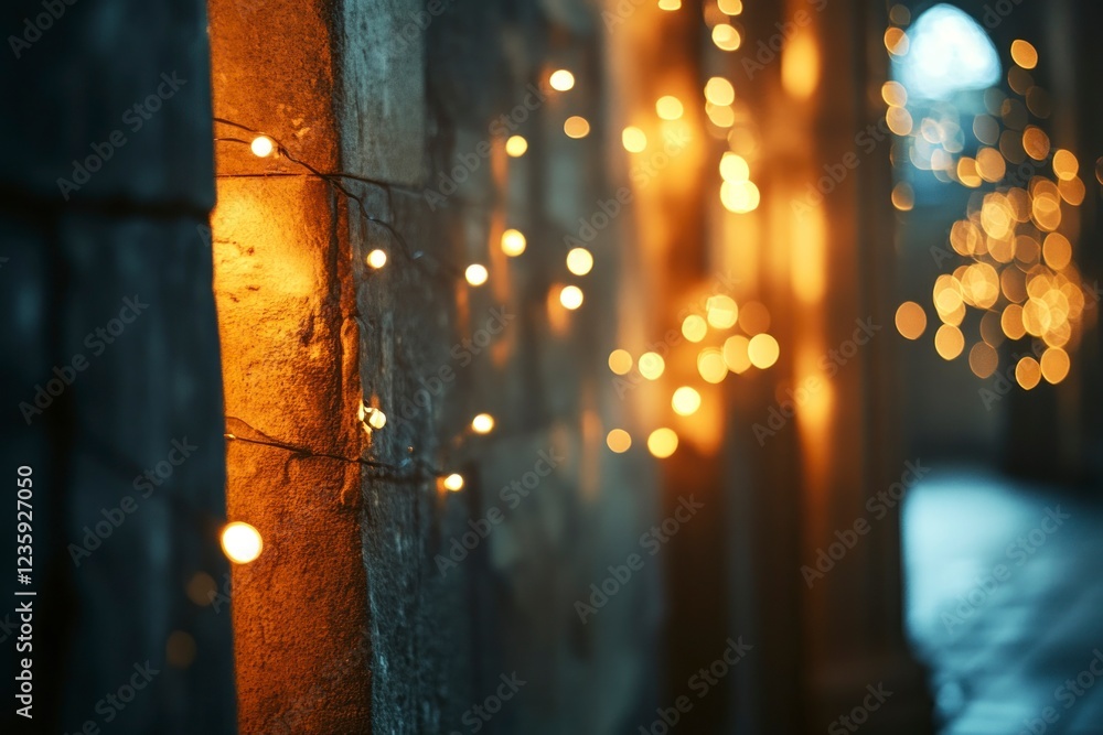 Fototapeta premium Warm Fairy Lights on Stone Wall Night Photography
